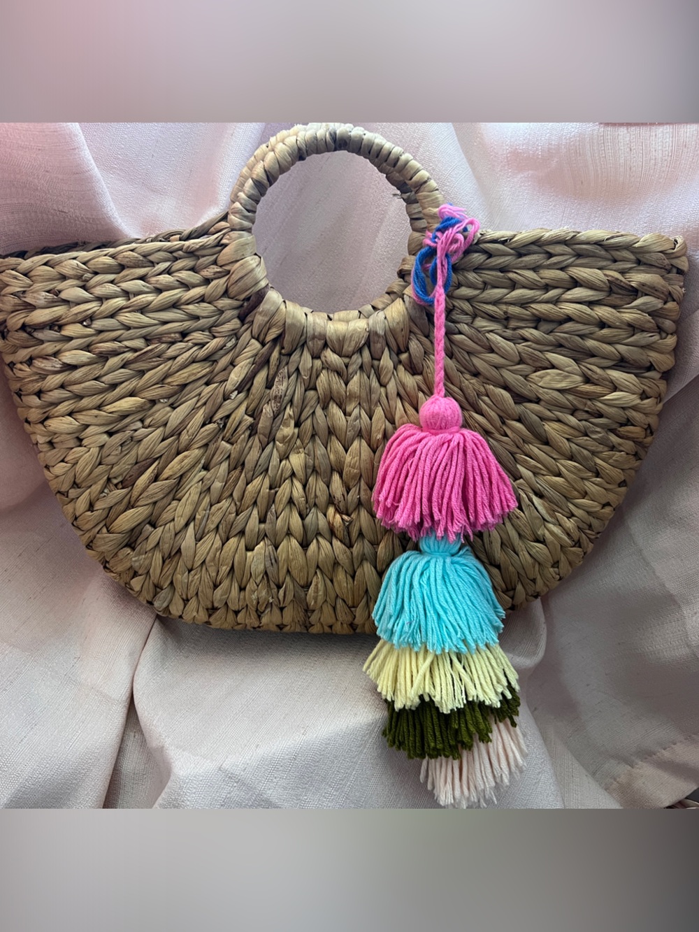 Straw Tassel Handbag with Pink & Blue Accents
